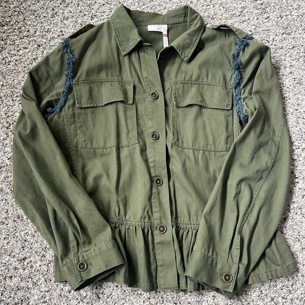 Green Button-Up Jacket with Fringe Detail
